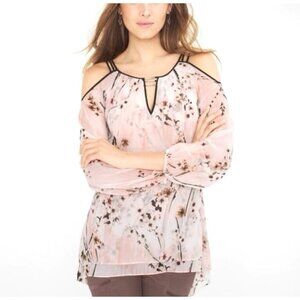 White House Black Market Floral Chiffon Cold Shoulder Hi-Low Blouse Top Size XS
